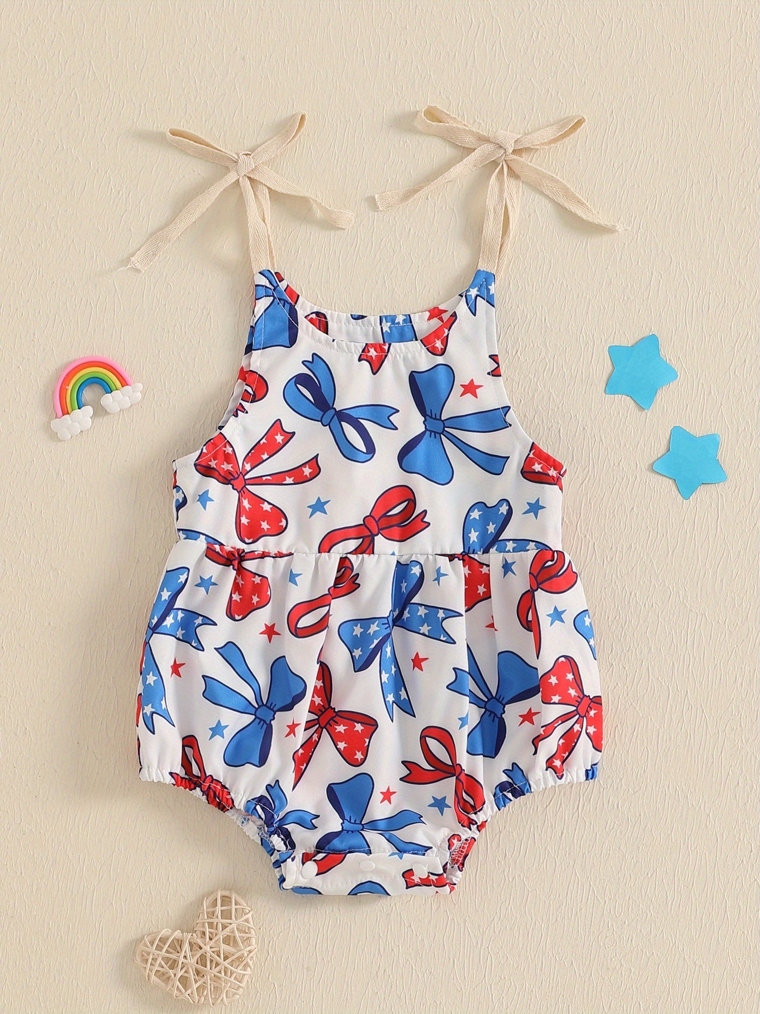 Patriotic 4th of July Baby Girl Stars & Stripes Tie Strap Bow Print Sleeveless Romper