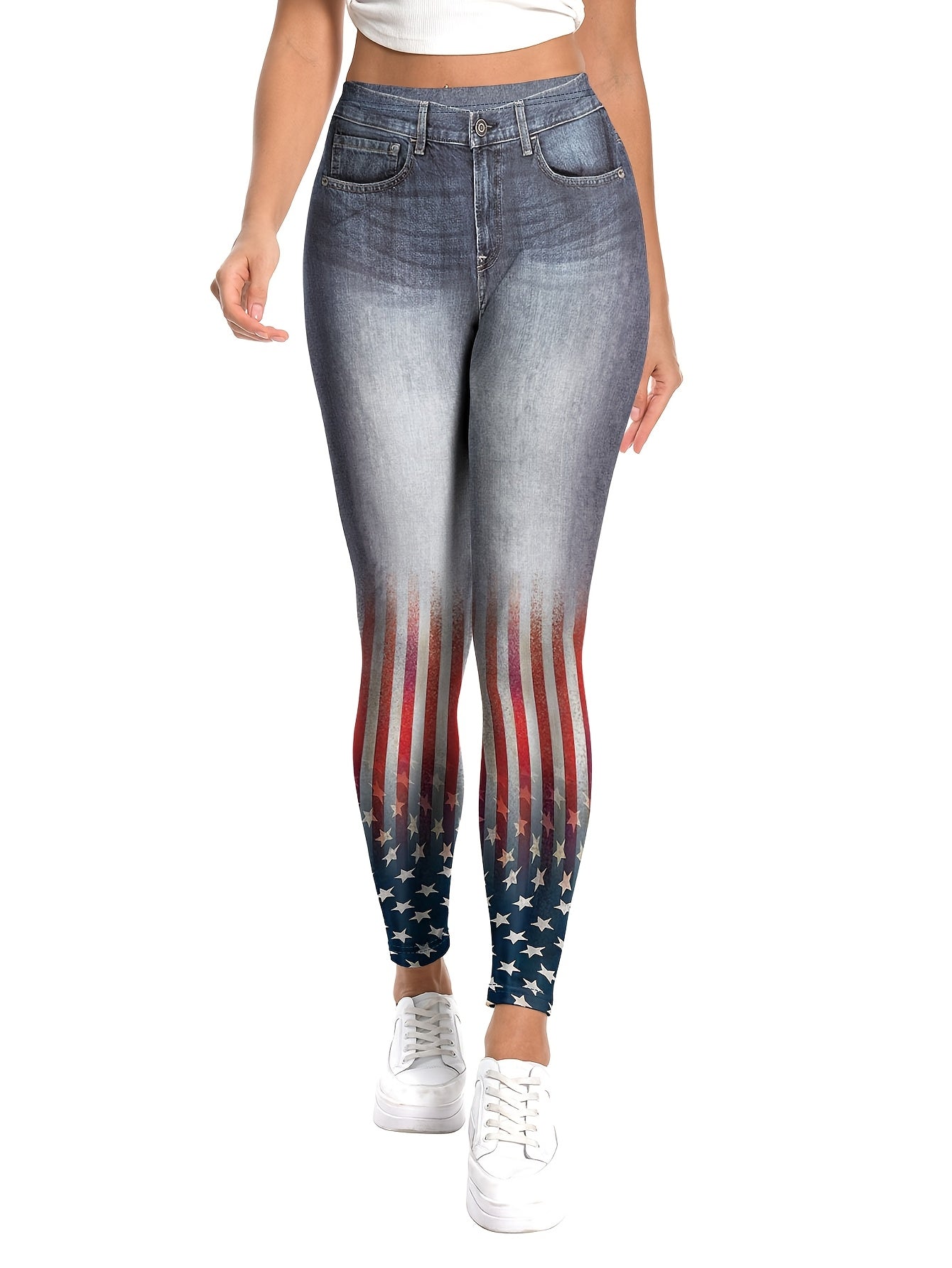 Women's Patriotic Flag 3D Print High-Waist Denim-Look Leggings