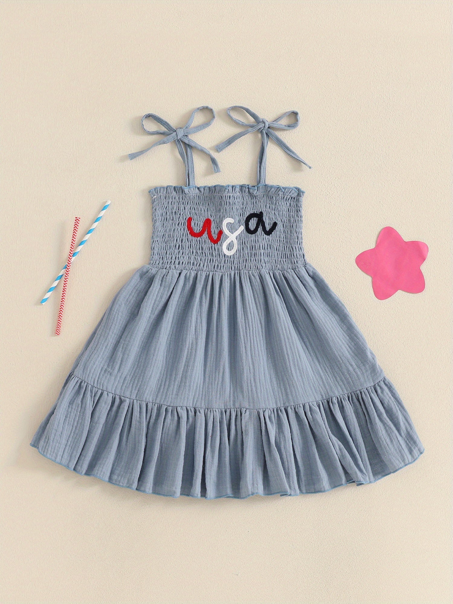 Girls Smocked A-Line Dress - Tie Shoulder Letter Embroidery