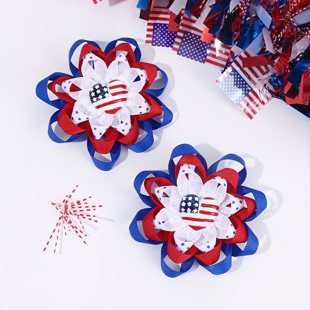 Mini American Flag Heart Decor Hair Barrette Clips - 2pcs Set